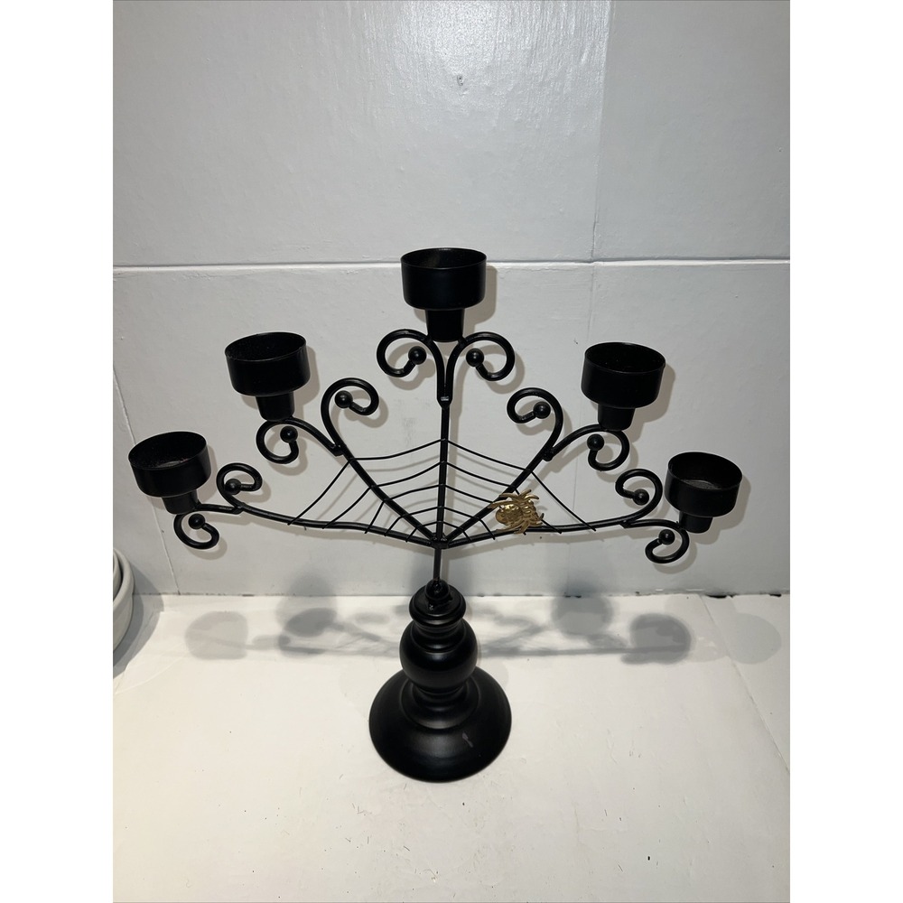 BLACK METAL HALLOWEEN CANDELABRA WITH SPIDER AND WEB Candle Holder For 5